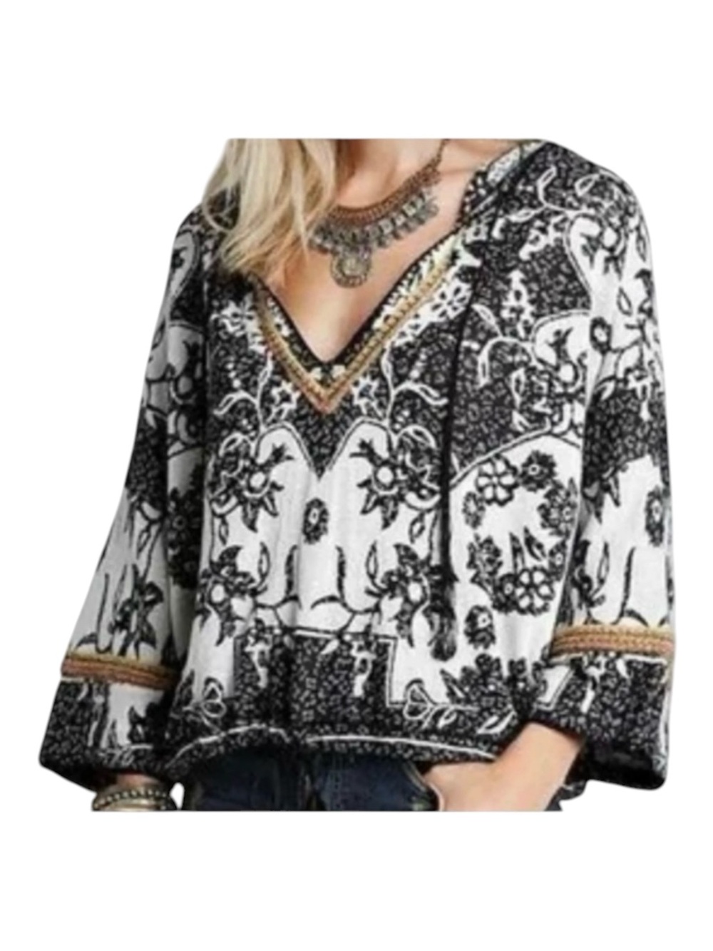 Free People Kanuk Hoodie Black + White Boho Print Size Large Festival/Artsy